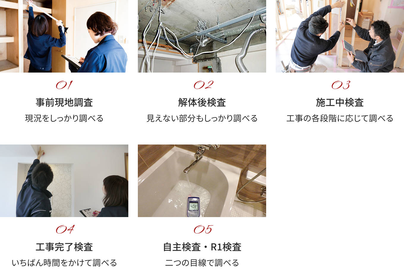 01 事前現地調査 現況をしっかり調べる　02 解体後検査 見えない部分もしっかり調べる　03 施工中検査 工事の各段階に応じて調べる　04 工事完了検査 いちばん時間をかけて調べる　05 自主検査・R1検査 二つの目線で調べる